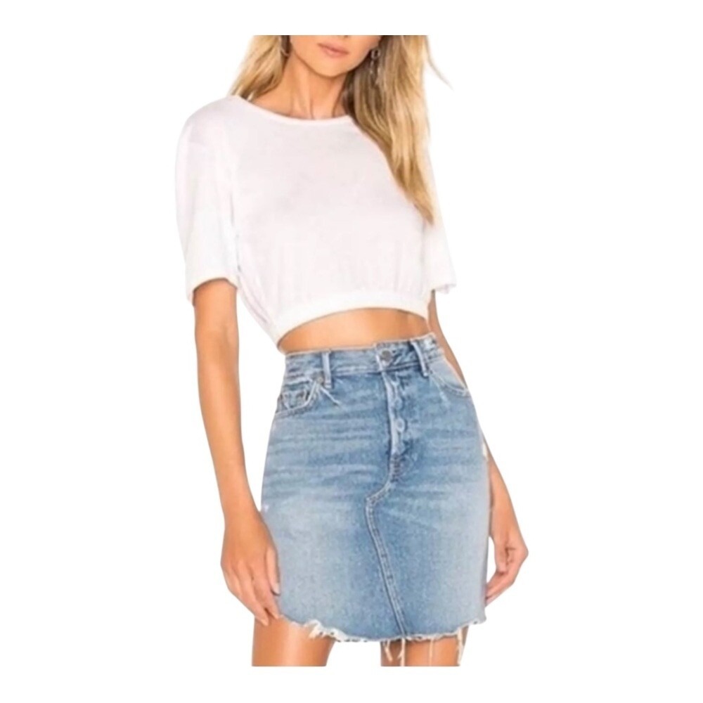 GRLFRND Rhoda Denim Mini Skirt Womens 25 Light Blue High Rise Raw Hem Distressed